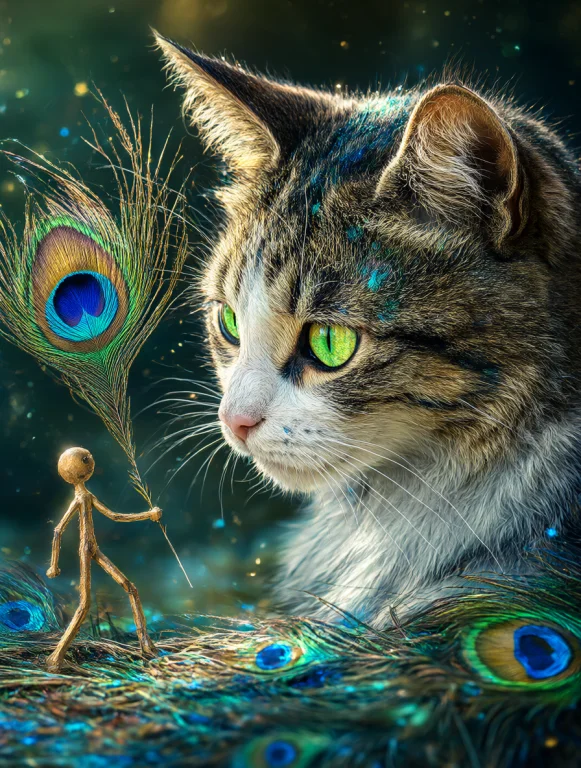 A Cat Gazes With Interest At A Small Stick Figure Walking Wh...
