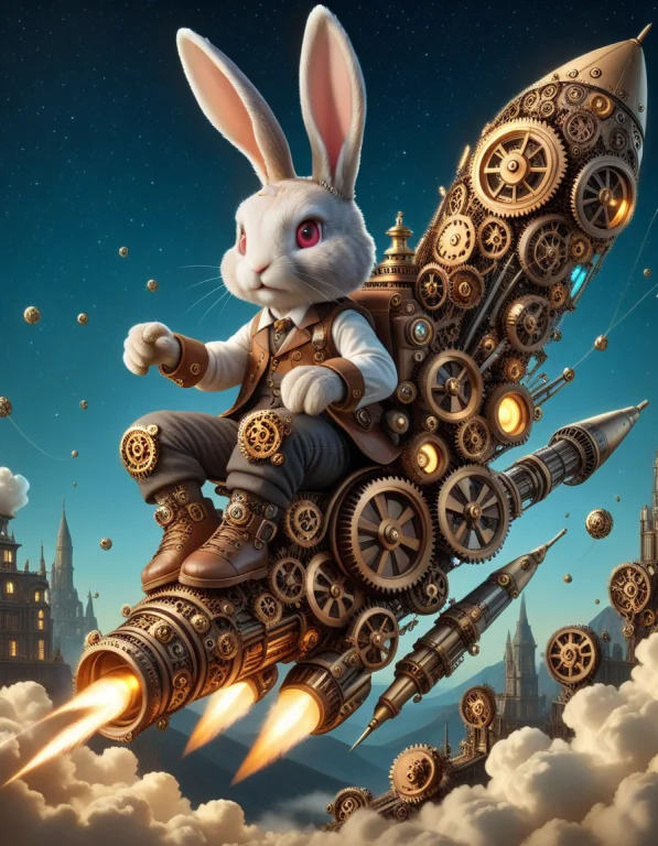 A Rabbit Riding A Rocket , At Night Made Outof Steampunk Gea...