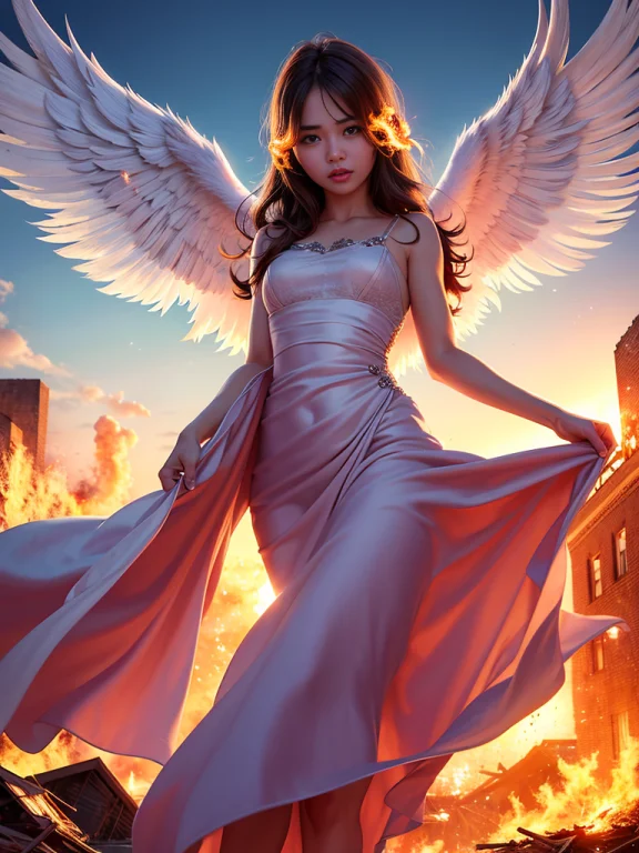 A Medium Shot Of An Angel Rising Into The Sky Over A Burning...