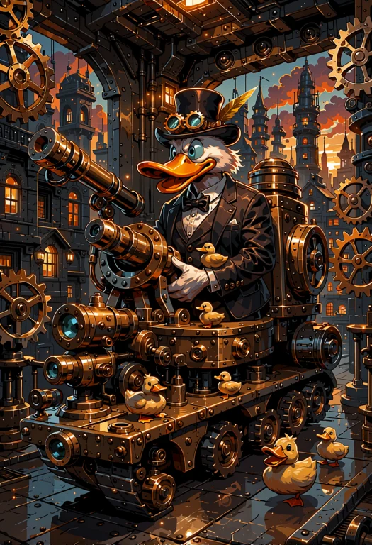 Gears, Comic Style, Duck In Steampunk Tank Made Of Brass Gea...