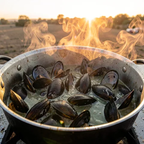 A Pot Of Mussels Steaming In White Wine, Documentary Photogr... — Stable Diffusion AI Prompt: a pot of mussels steaming in white wine, documentary photography, sunset backlig...