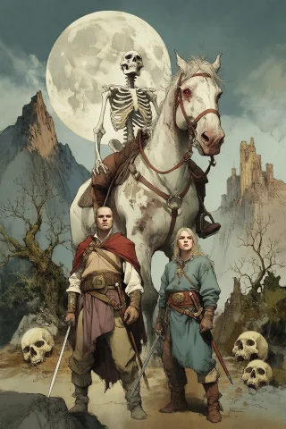 A Dark Fantasy Comic-style Scene Featuring Two Warriors Stan... — Stable Diffusion AI Prompt: A dark fantasy comic-style scene featuring two warriors standing beneath a tower...