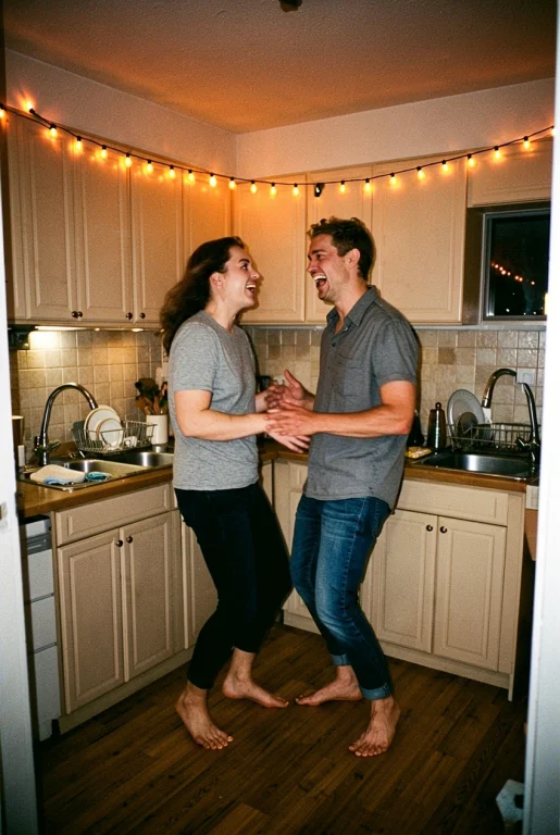 A Couple In Their Mid Twenties Dancing Barefoot In A Small A...