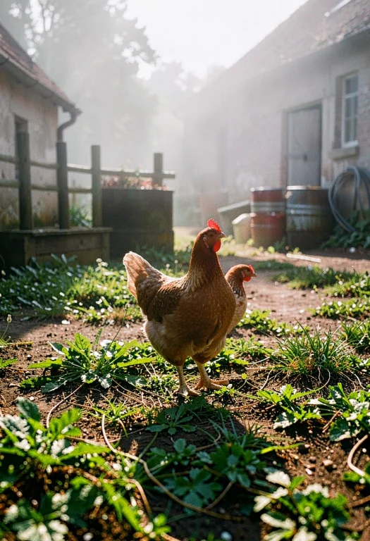 A Hen Wandering A Sun-dappled Farmyard, Hyperrealistic, Fogg...