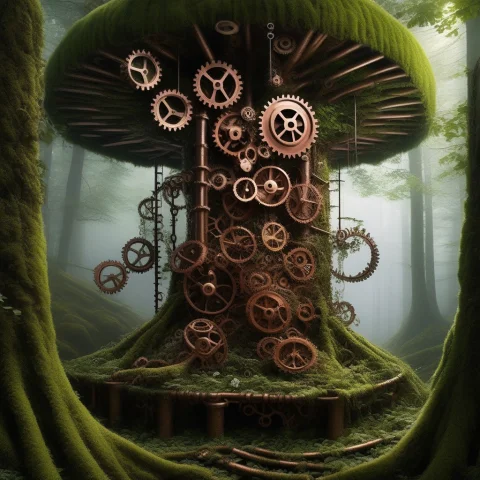 A Lush Mechanical Forest Where The Tree Trunks Are Built Fro... — SDXL AI Prompt: A lush mechanical forest where the tree trunks are built from twisted pipes and...