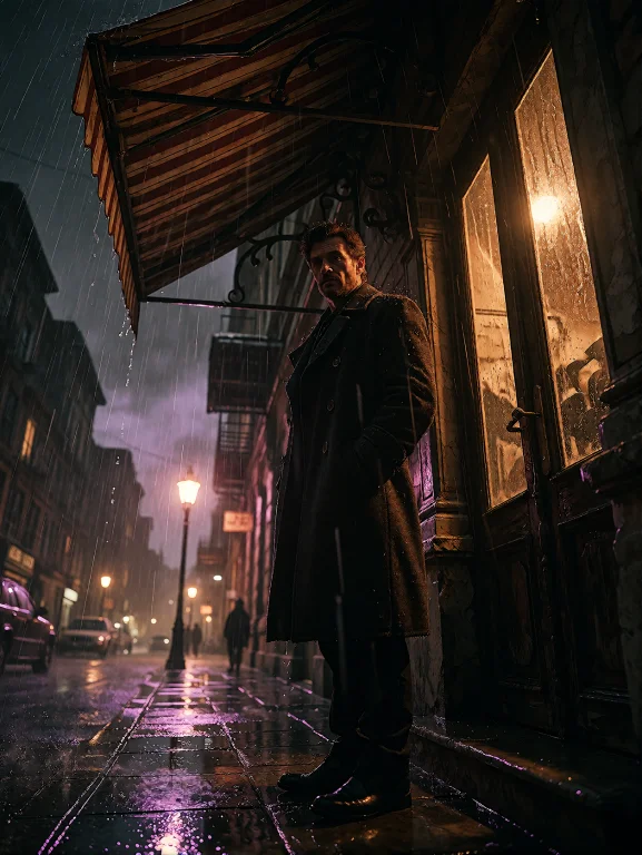 A Cinematic Fine-art Photograph Of A Mid-aged Man Standing B...