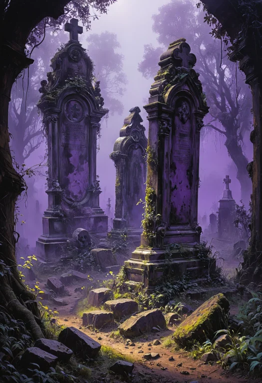Violett, Old Spooky Abandoned Cemetary, Old Rotten Broken Gr...