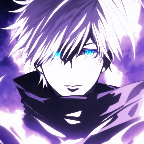 1 Boy, Solo, White Hair, Blue Eyes, Glowing Eyes, Purple Aur... — Stable Diffusion AI Prompt: 1 boy, solo, white hair, blue eyes, glowing eyes, purple aura 