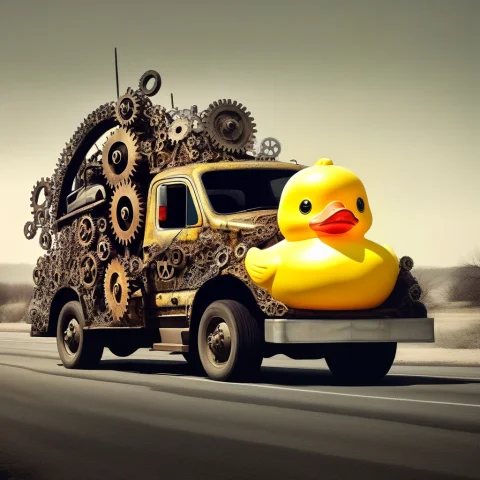 Gearstyle A Towtruck Made Of Gears Is Towing A Wrecked Car T... — SDXL AI Prompt: gearstyle; A towtruck made of gears is towing a wrecked car that resembles a lar...