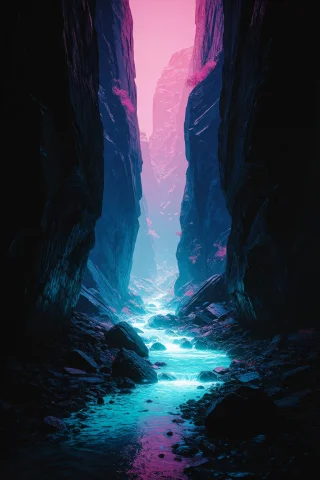 Zidiusart, A Dramatic Narrow Canyon Landscape With Towering... — Stable Diffusion AI Prompt: zidiusArt, A dramatic narrow canyon landscape with towering vertical rock walls...