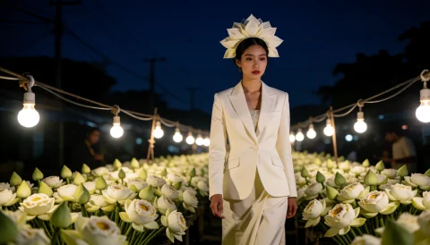 Adult Thai Fashion Model Wearing An Ivory Tailored Suit And... — Stable Diffusion AI Prompt: adult Thai fashion model wearing an ivory tailored suit and a lotus-shaped headp...