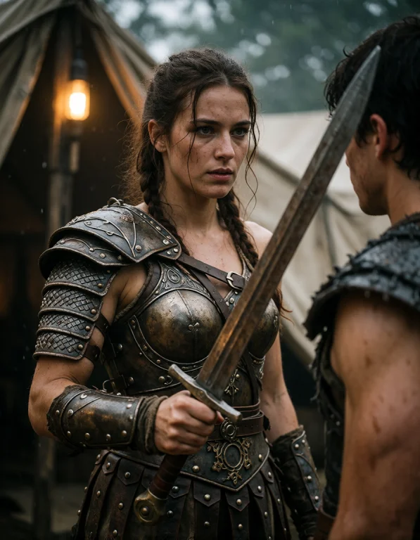 Create A Photorealistic Scene Centered On A Gladiatrix In He...
