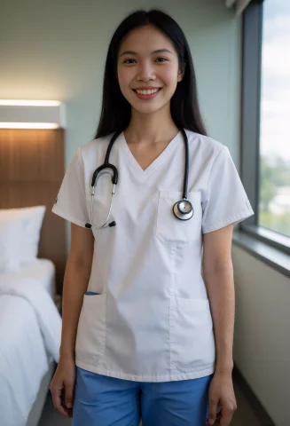 Full Body Portrait, Photo Of A Smiling 20yo Asian Nurse, Ski... — Stable Diffusion AI Prompt: (full body portrait), photo of a smiling 20yo Asian nurse, skinny body, She has...