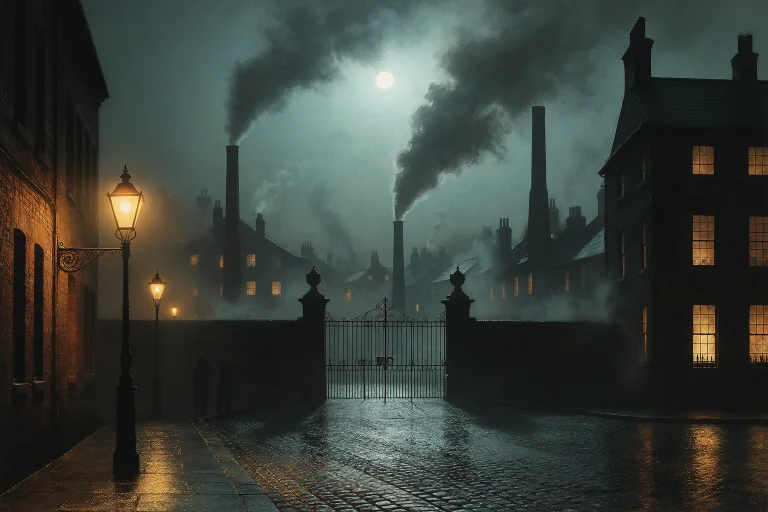 Grimshaw Victorian Nightscape, Factory Gate At Night Closed...