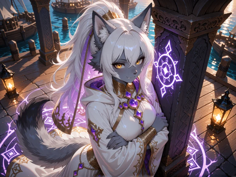 An Adult Beastfolk Wolf Woman With Snow-white Hair Gathered...