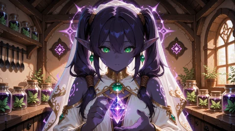 An Adult Dark Elf With Indigo Twin Tails Bound With Leather... — Stable Diffusion AI Prompt: An adult dark elf with indigo twin tails bound with leather cords, luminous emer...