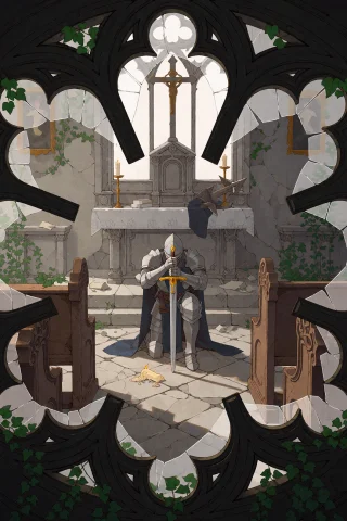 Viview Through A Shattered Rose Window Into A Derelict Chape... — Stable Diffusion AI Prompt: ViView through a shattered rose window into a derelict chapel. A knight kneels b...