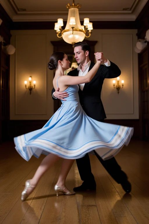 A Waltzing Couple Mid-rotation, Her Dress Flaring, His Hand...