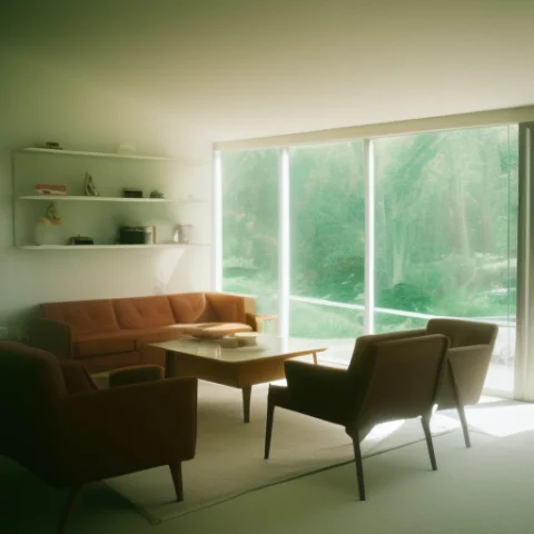 Classicnegative Photo Inside A Mid Century Modern House 1970... — Stable Diffusion AI Prompt: classicnegative photo inside a mid century modern house 1970 50mm 1.4f soft focu...