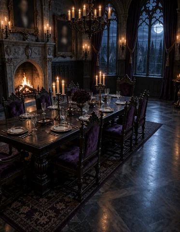G0th1c M4ns10n, Photorealistic Grand Gothic Dining Hall With... — Stable Diffusion AI Prompt: G0th1c m4ns10n, photorealistic grand gothic dining hall with a long carved oak t...