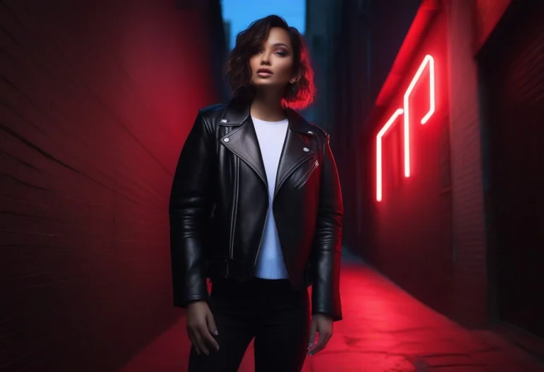 A Leather Jacket Lit By Red Neon In An Alley, Portrait Photo...