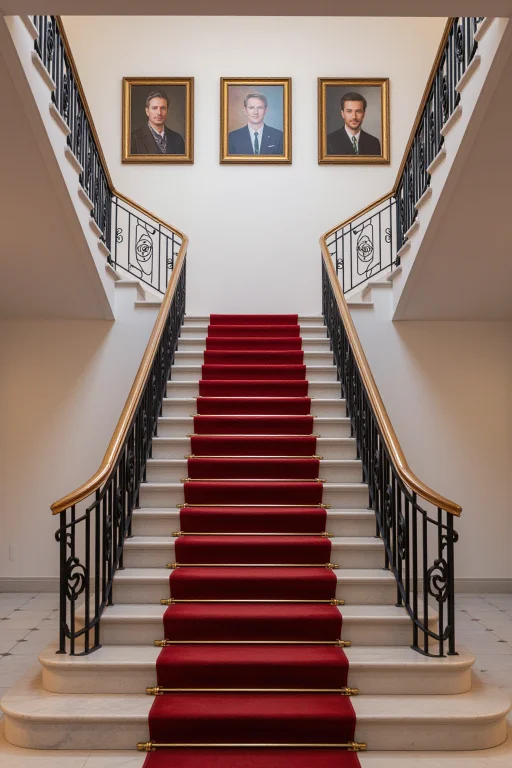 A Grand Staircase With Twin Mirroring Flights Meeting At A L...