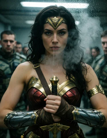 Frame, In One Photorealistic Image Centered On An Adult Dian... — Stable Diffusion AI Prompt: Frame, in one photorealistic image centered on an adult Diana in the Wonder Woma...