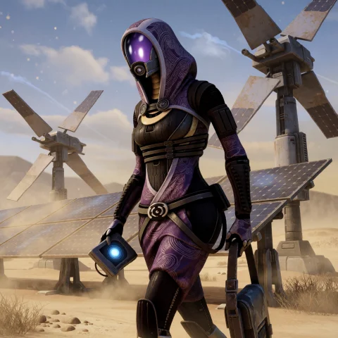 Astrocinemav01k2t. Talizorah, An Adult Quarian Woman Wearing... — Stable Diffusion AI Prompt: ASTROCINEMAV01K2T. Tali'Zorah, an adult Quarian woman wearing her sealed purple...