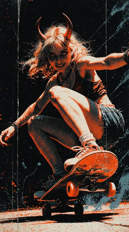 A Horned Girl Skateboarding In A Dynamic, Crouched Mid-air P...