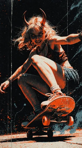 A Horned Girl Skateboarding In A Dynamic, Crouched Mid-air P... — Stable Diffusion AI Prompt: A horned girl skateboarding in a dynamic, crouched mid-air pose, rendered in a d...