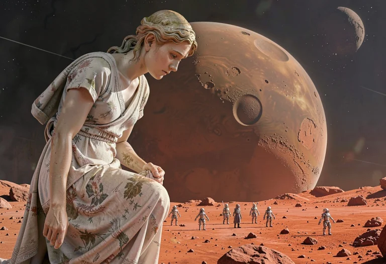 A Sad Huge Greek Goddess, Looking Down On Planet Mars. Small...