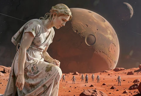 A Sad Huge Greek Goddess, Looking Down On Planet Mars. Small... — FLUX AI Prompt: A sad huge greek goddess, looking down on planet mars. Small aliens walking on t...