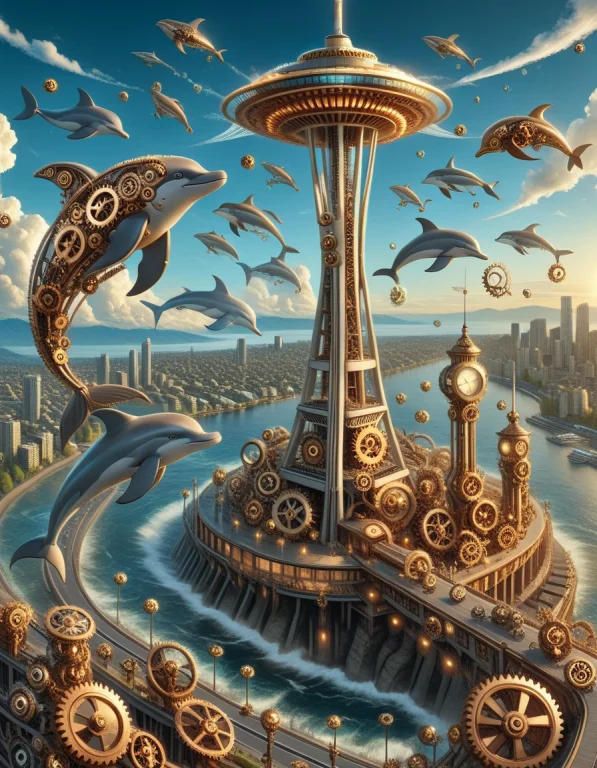 The Space Needle, With Flying Dolphins Made Outof Steampunk...