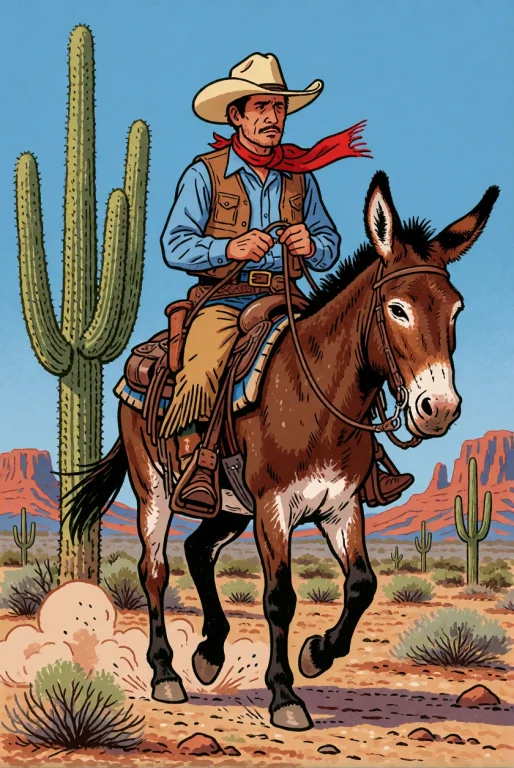 Folk Comic Illustration, A Cowboy Riding A Stubborn Mule Thr...