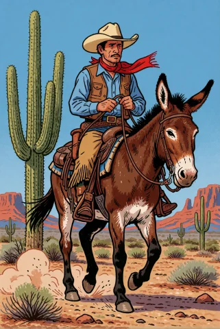 Folk Comic Illustration, A Cowboy Riding A Stubborn Mule Thr... — Stable Diffusion AI Prompt: folk comic illustration, a cowboy riding a stubborn mule through a desert landsc...