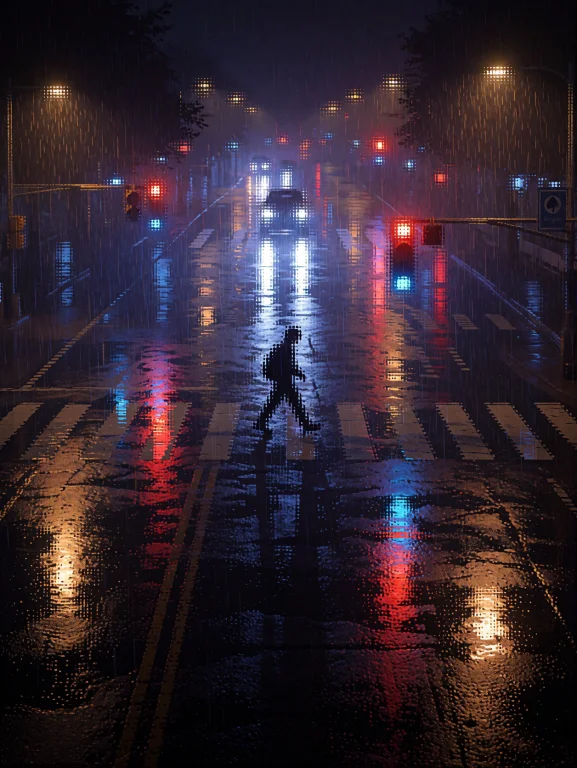 A Lone Pedestrian Crossing An Empty Intersection In Heavy Ra...