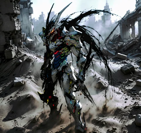 Ink A Robot Mech Stands Amidst A Desolate, Ash-covered Waste... — Stable Diffusion AI Prompt: ink A robot mech stands amidst a desolate, ash-covered wasteland filled with cru...