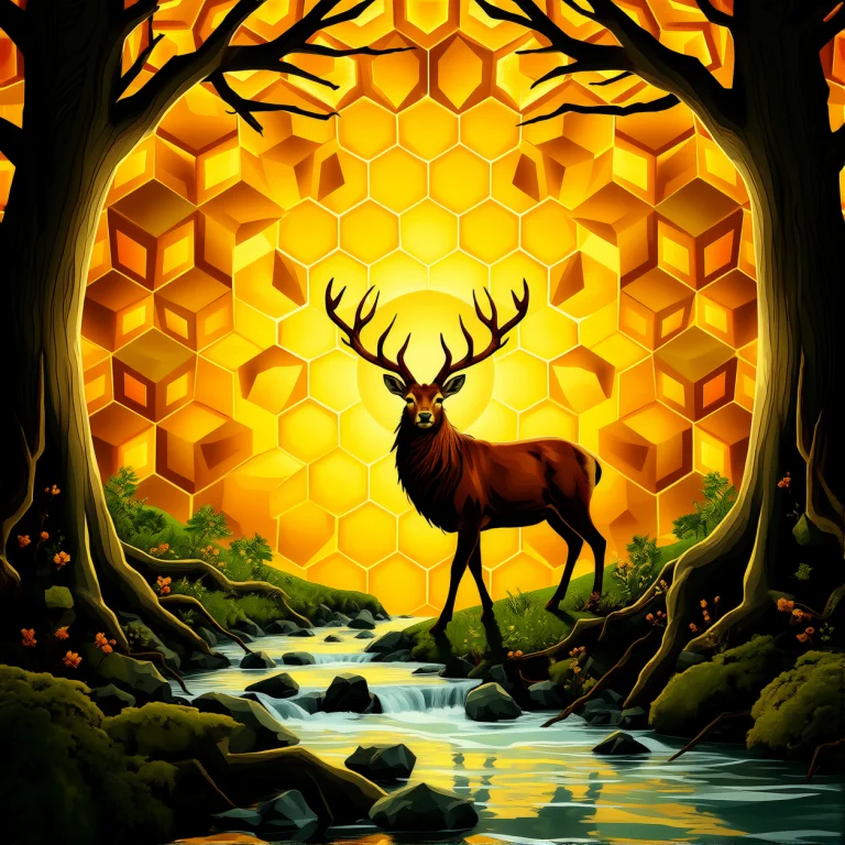 Art Made Of Geometric Shapes. Golden Honeycomb. A Stag With...