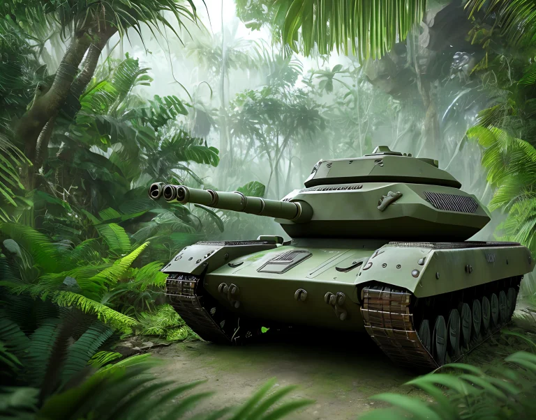 Futuristic Tank In Jungle, Detailed, Muddy Floor, Rainy Weat...