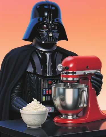 80sairbrush. Drawing Of Darth Vader Presenting A Cherry-red... — FLUX AI Prompt: 80sAirbrush. Drawing of Darth Vader presenting a cherry-red stand mixer on a glo...