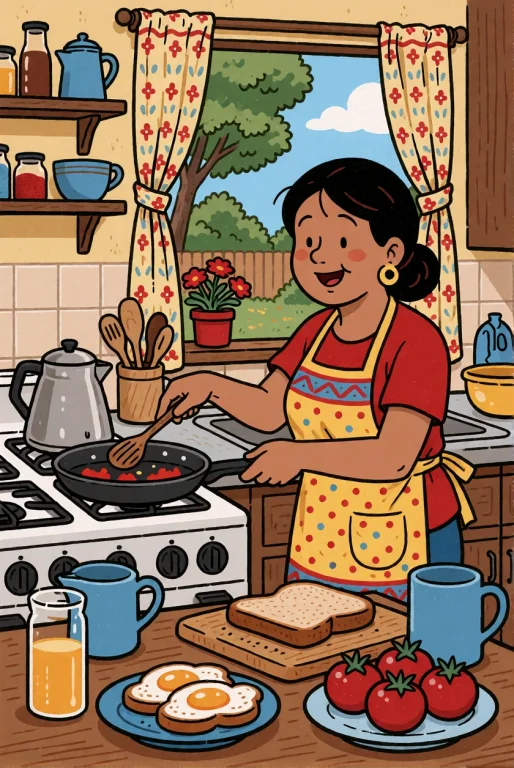 Folk Comic Illustration. A Cheerful Woman Preparing Breakfas...