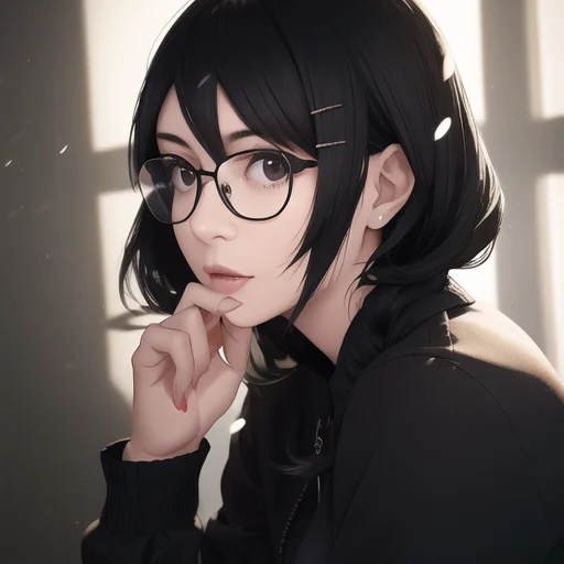A Young Woman, Black Haired, Glasses, Anime Realistic, Hyper...