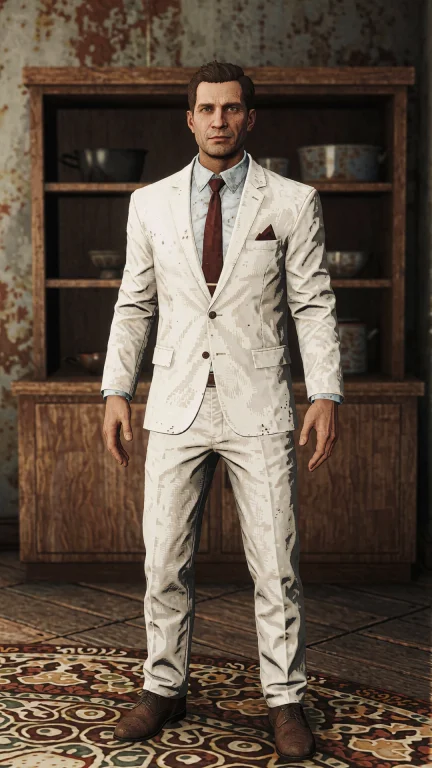 Videogame Screenshot A Man In A White Suit And Tie Standing...