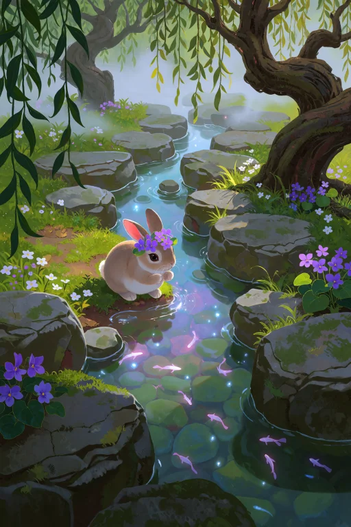 A Tiny Rabbit Wearing A Crown Of Woven Violets Sits At The E...