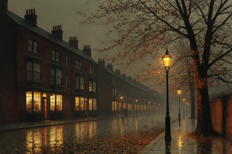 Grimshaw Victorian Nightscape, Autumn Gold Street At Twiligh...