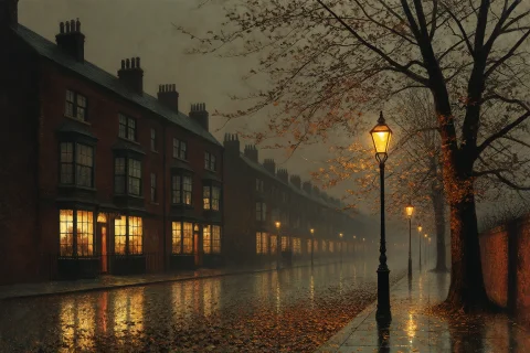 Grimshaw Victorian Nightscape, Autumn Gold Street At Twiligh... — Stable Diffusion AI Prompt: Grimshaw Victorian nightscape, autumn gold street at twilight with a leaf canopy...