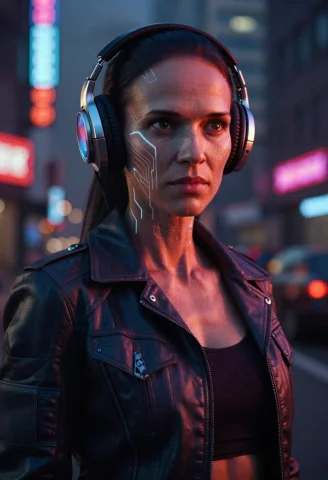 Highly Detailed Portrait Of A Cyberpunk Woman Wearing Futuri... — Stable Diffusion AI Prompt: highly detailed portrait of a cyberpunk woman wearing futuristic headphones and...