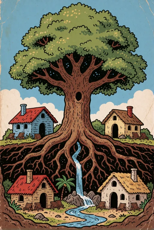 Folk Comic Illustration. A Large Tree Contains A Miniature U...