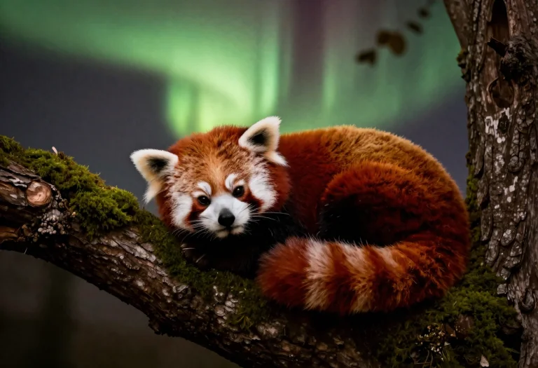 A Red Panda Curled In A Mossy Tree Fork, Classical Painting,...