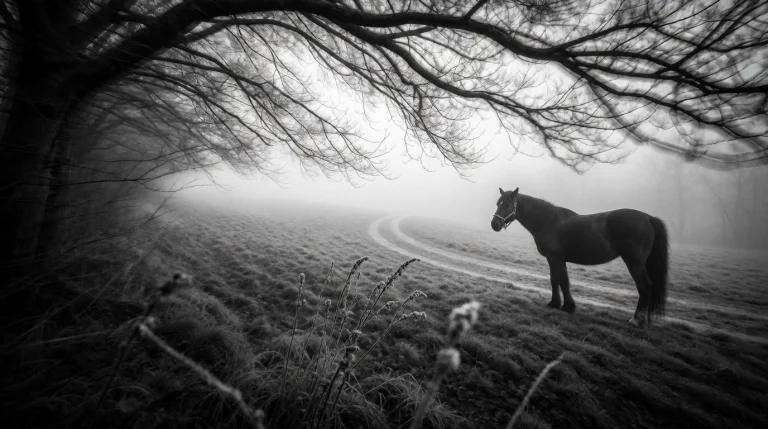 A Black And White Photograph Of A Lone Horse Standing In A M...